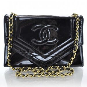 Chanel Patent Black Shoulder Bag with Gold Chain